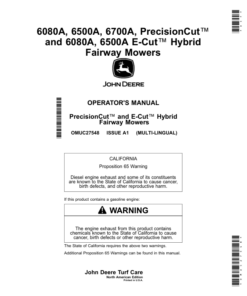 John Deere 6080A, 6500A, 6700A, PrecisionCut, 6080A, 6500A E-Cut Hybrid Fairway Mowers (North American) Operator's Manual (OMUC27548)