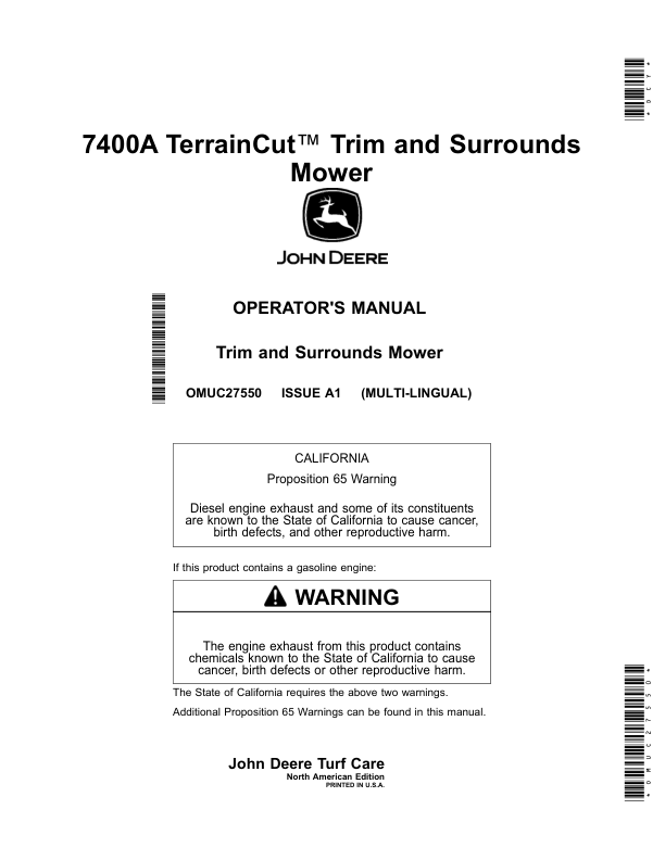 John Deere 7400A TerrainCut Trim, Surrounds Mower (North American) Operator's Manual (OMUC27550)