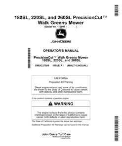 John Deere 180SL, 220SL, 260SL PrecisionCut Walk Greens Mower (North American) Operator's Manual (OMUC27589)