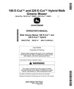 John Deere 180 E-Cut, 220 E-Cut Hybrid Walk Greens Mower (North American) Operator's Manual (OMUC27590)