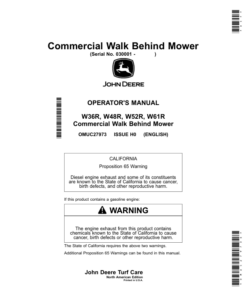 John Deere W36R, W48R, W52R, W61R Commercial Walk Behind Mower (030001) Operator's Manual (OMUC27973E)