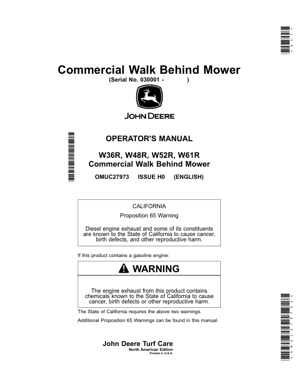 John Deere W36R, W48R, W52R, W61R Commercial Walk Behind Mower (030001) Operator's Manual (OMUC27973E)