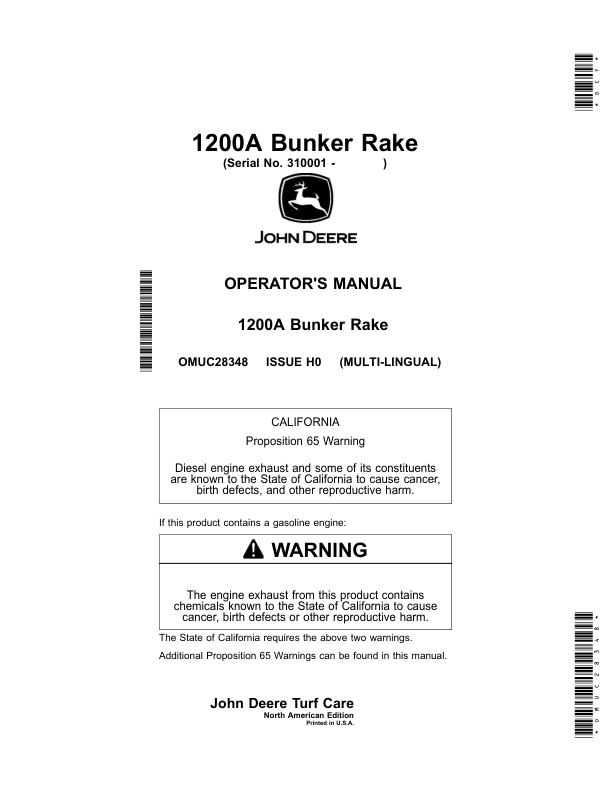 John Deere 1200A Bunker Rake (310001-) (North American) Operator's Manual (OMUC28348)