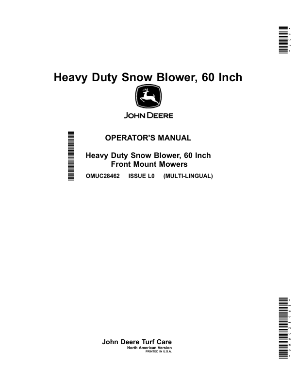 John Deere Heavy Duty Snow Blower, 60 Inch (010001-) Operator's Manual (OMUC28462)