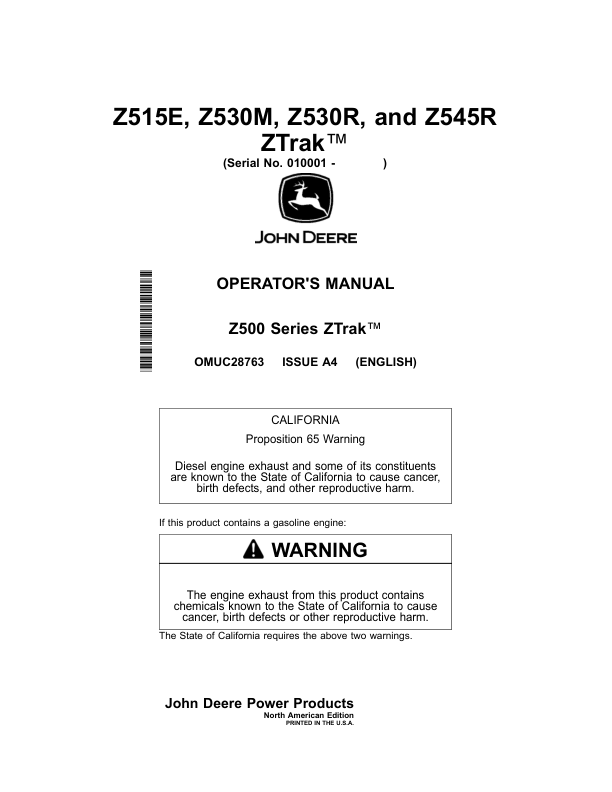 John Deere Z515E, Z530M, Z530R, Z545R ZTrak Mowers (010001-060000) Operator's Manual (OMUC28763)