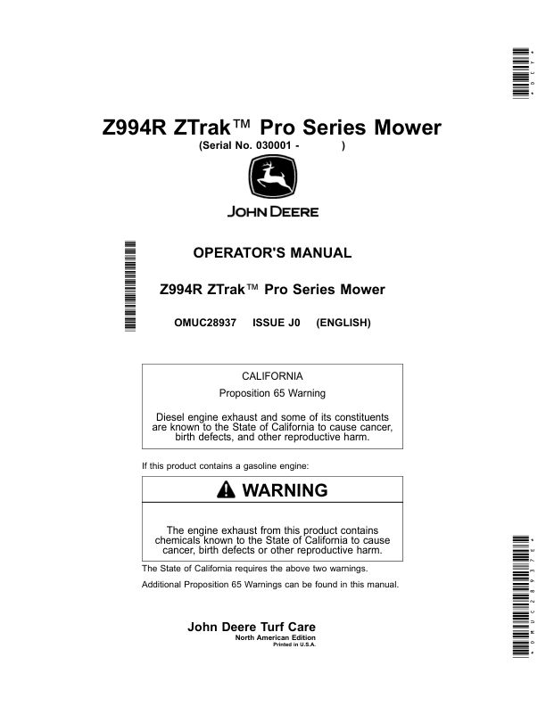 John Deere Z994R ZTrak Pro Series Mower (030001-) Operator's Manual (OMUC28937E)