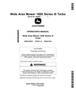 John Deere Wide Area Mower 1600 Series III Turbo (660001-) Operator's Manual (OMUC28951E)