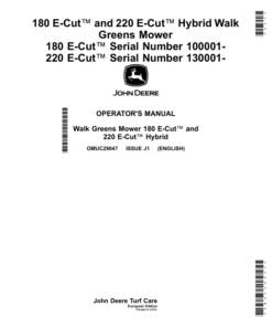 John Deere 180 E-Cut (100001-), 220 E-Cut (130001-) Hybrid Walk Greens Mower (European Edition) Operator's Manual (OMUC29047)