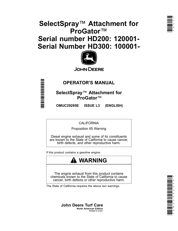 John Deere SelectSpray Attachment for ProGator HD200 (120001-), HD300 (100001-) (North America) Operator's Manual (OMUC29295E)