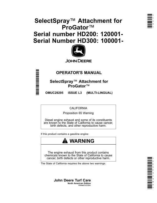 John Deere SelectSpray Attachment for ProGator HD200 (120001-), HD300 (100001-) (North America) Operator's Manual (OMUC29295)