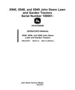 John Deere X940, X948, X949 Lawn, Garden Tractors (100001-) (Export Edition) Operator's Manual (OMUC29447)