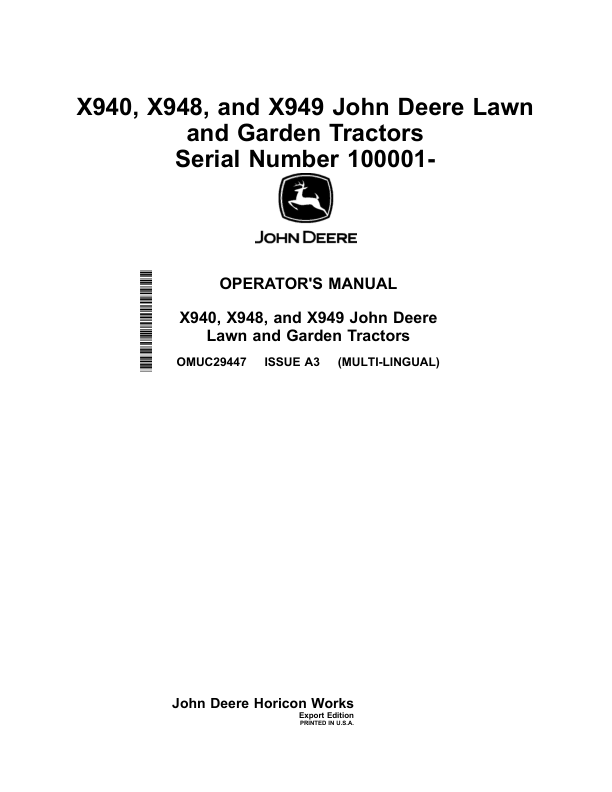 John Deere X940, X948, X949 Lawn, Garden Tractors (100001-) (Export Edition) Operator's Manual (OMUC29447)