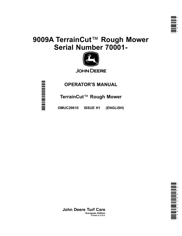 John Deere 9009A TerrainCut Rough Mower (070001-) (European Edition) Operator's Manual (OMUC29610)