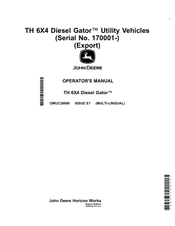 John Deere TH 6X4 Diesel Gator Utility Vehicles(Serial No. 170001-)(Export) (Export Edition) Operator's Manual (OMUC29666)