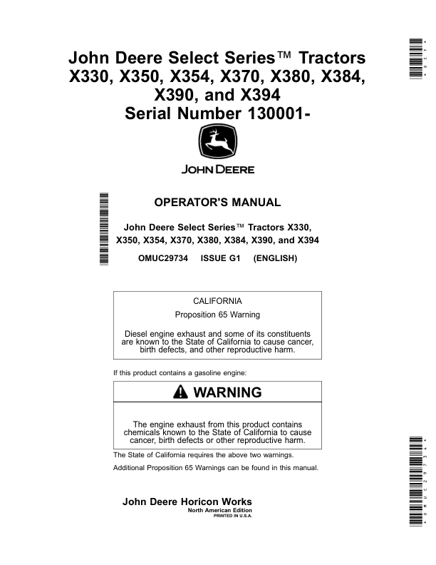John Deere Select Series Tractors X330, X350, X354, X370, X380, X384, X390, X394 (130001-150000) (North American) Operator's Manual (OMUC29734)