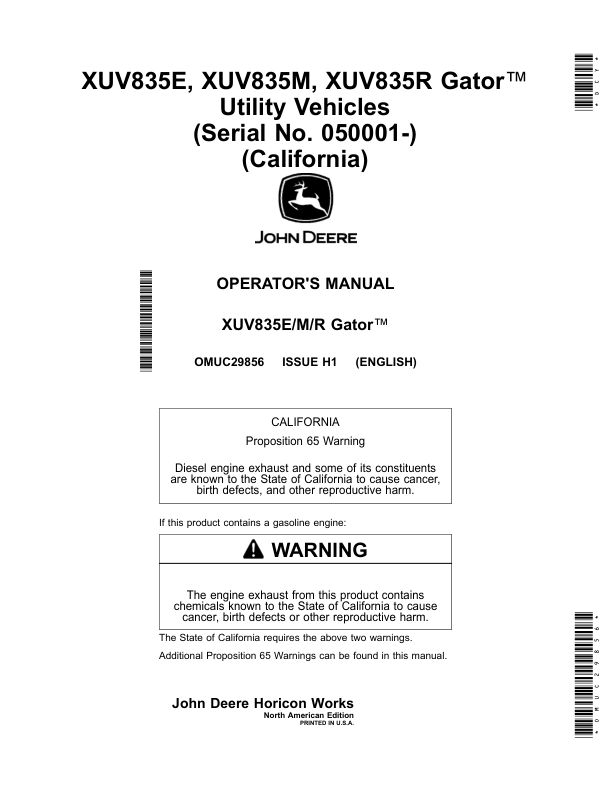 John Deere XUV835E, XUV835M, XUV835R Gator Utility Vehicles (050001-) (California Edition) Operator's Manual (OMUC29856)