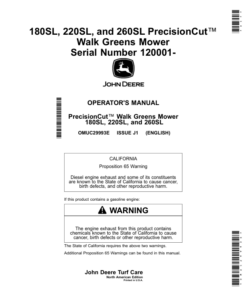 John Deere 180SL, 220SL, 260SL PrecisionCut Walk Greens Mower (120001-) (North American) Operator's Manual (OMUC29993E)