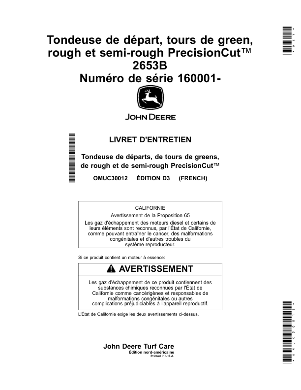 John Deere Tondeuses PrecisionCut 2700, 2750 et E-Cut Hybrid 2700, 2750 Triplex (160001-) (édition européenne) Operator's Manual (OMUC30012)