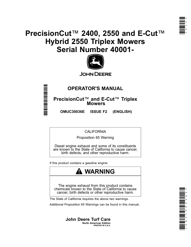 John Deere PrecisionCut 2400, 2550, E-Cut Hybrid 2550 Triplex Mowers (Serial Number 040001-) (North American) Operator's Manual (OMUC30036E)