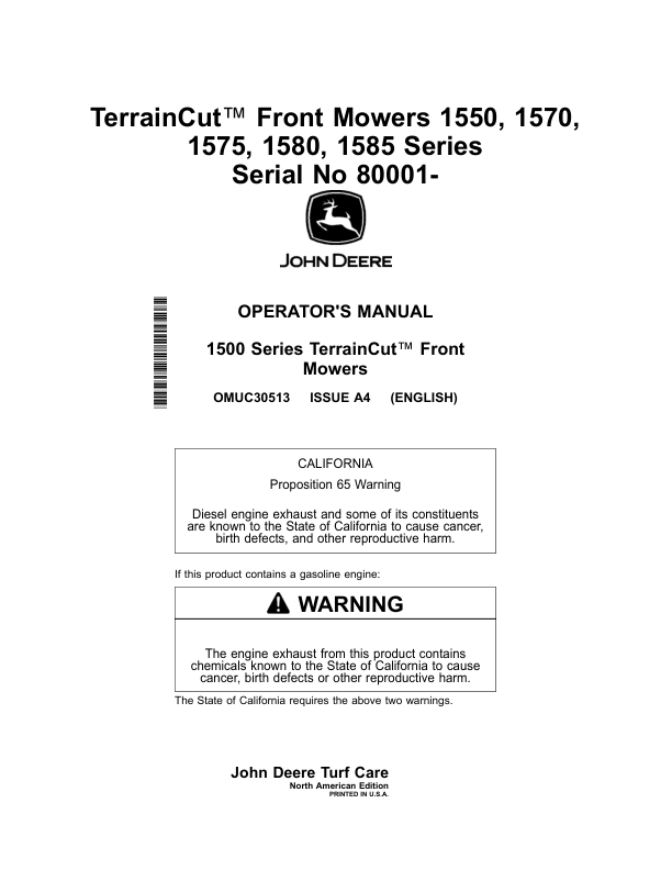John Deere TerrainCut Front Mowers 1550, 1570, 1575, 1580, 1585 (080001-100000) (North American) Operator's Manual (OMUC30513E)