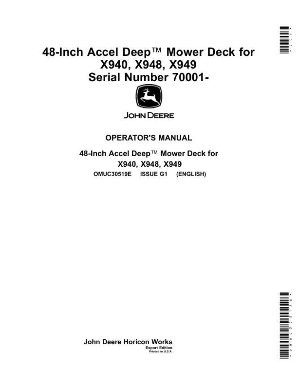 John Deere 48-Inch Accel Deep Mower Deck (070001-) for X940, X948, X949 Tractors (Export Edition) Operator's Manual (OMUC30519E)