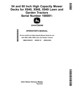 John Deere 54, 60 Inch High Capacity Mower Decks (100001-) for X940, X948, X949 Lawn, Garden Tractors (Export Edition) Operator's Manual (OMUC30541E)