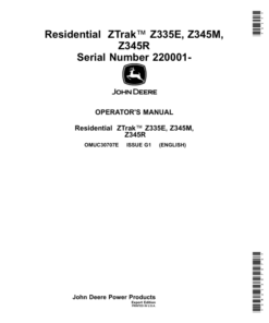 John Deere ZTrak Z335E, Z345M, Z345R Residential Mowers (220001-) (Export Edition) Operator's Manual (OMUC30707E)