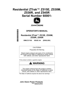 John Deere Residential ZTrak Z515E, Z530M, Z530R, Z545R (060001-100000) (North American) Operator's Manual (OMUC31105)