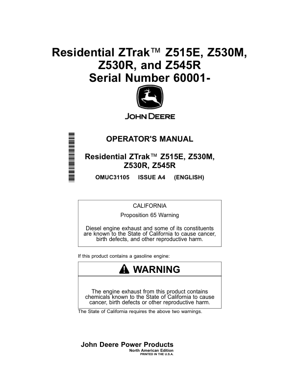 John Deere Residential ZTrak Z515E, Z530M, Z530R, Z545R (060001-100000) (North American) Operator's Manual (OMUC31105)