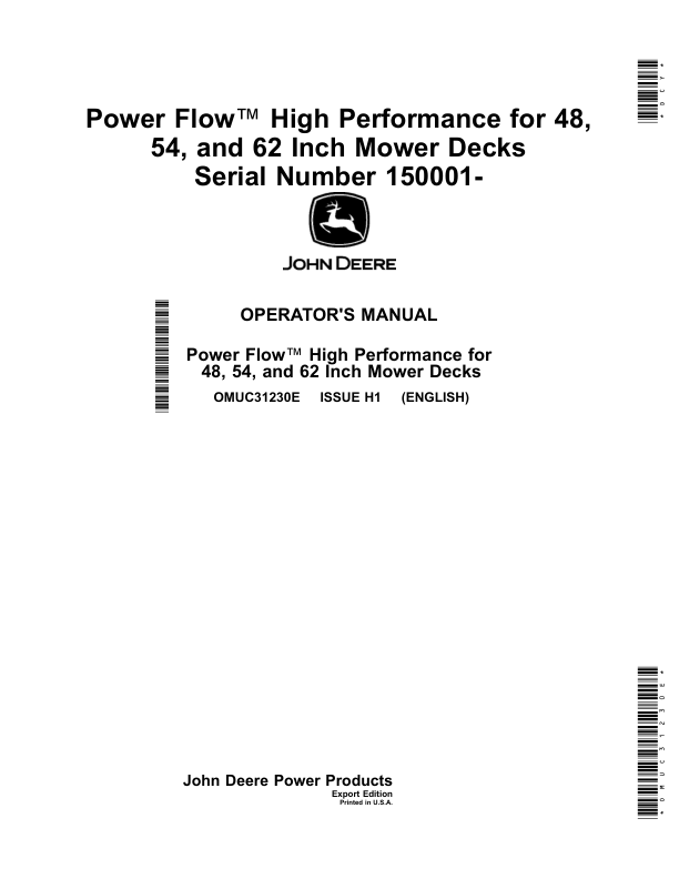 John Deere Power Flow High Performance for 48, 54, 62 Inch Mower Decks (150001-) (Export Edition) Operator's Manual (OMUC31230E)