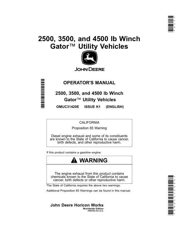 John Deere 2500, 3500, 4500 lb WinchGator Utility Vehicles (Worldwide Edition) Operator's Manual (OMUC31420E)