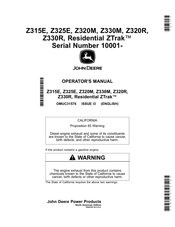 John Deere Z315E, Z325E, Z320M, Z330M, Z320R, Z330R, Residential ZTrak (010001-) (North American) Operator's Manual (OMUC31576)