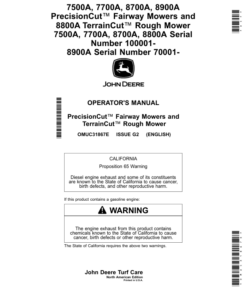 John Deere 7500A, 7700A, 8700A, 8900A PrecisionCut (100001-), Fairway Mowers, 8800A TerrainCut (070001-) Rough Mowers (North American) Operator's Manual (OMUC31867E)