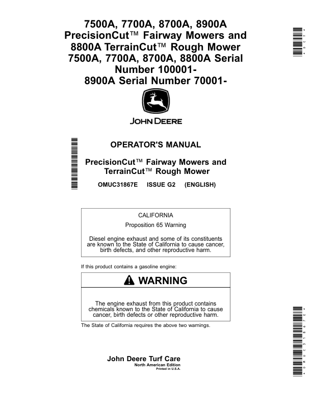 John Deere 7500A, 7700A, 8700A, 8900A PrecisionCut (100001-), Fairway Mowers, 8800A TerrainCut (070001-) Rough Mowers (North American) Operator's Manual (OMUC31867E)