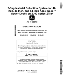 John Deere 2-Bag Material Collection System for 42-Inch, 48-Inch, 54-Inch Accel Deep Mower Decks on Z300 Series ZTrak (North American) Operator's Manual (OMUC32588E)