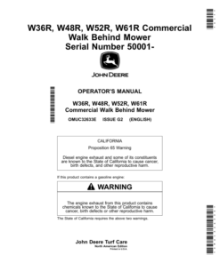 John Deere W36R, W48R, W52R, W61R Commercial Walk Behind Mower (Serial Number 050001-) (North American) Operator's Manual (OMUC32633E)