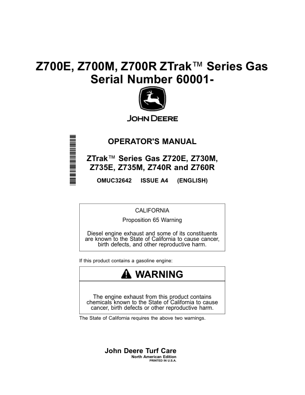 John Deere ZTrak Series Gas Z720E, Z730M, Z735E, Z735M, Z740R, Z760R (060001-) (North American) Operator's Manual (OMUC32642)