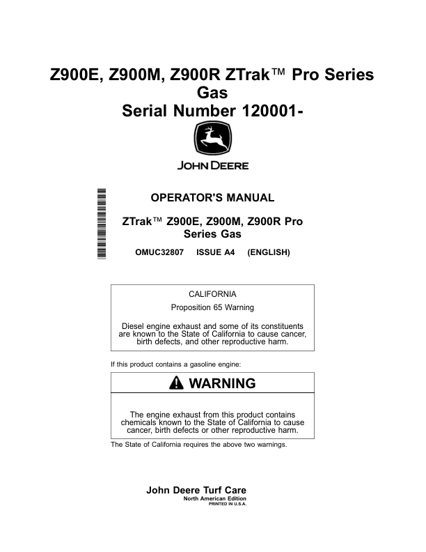 John Deere Z900E, Z900M, Z900R ZTrak Pro Series Gas (120001-) (North American) Operator's Manual (OMUC32807E)
