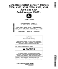 John Deere Select Series Tractors X330, X350, X354, X370, X380, X384, X390, X394 (150001-) (North American) Operator's Manual (OMUC32879)