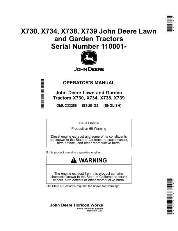 John Deere X730, X734, X738, X739 Lawn, Garden Tractors (110001-) (North American) Operator's Manual (OMUC33256)