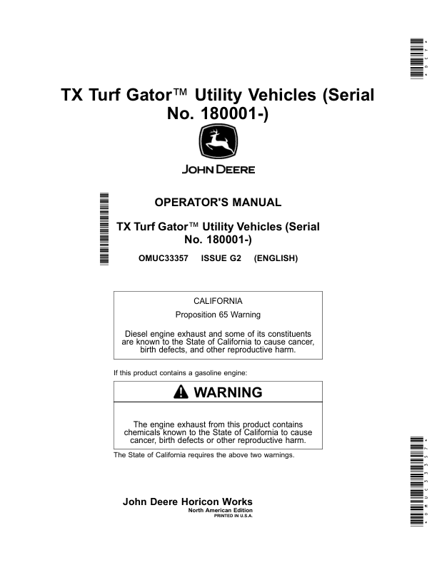 John Deere TX Turf Gator Utility Vehicles (Serial No. 180001-) (North American) Operator's Manual (OMUC33357)