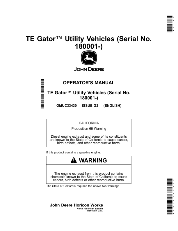 John Deere TE Gator Utility Vehicles TE4X2 (180001-) (North American) Operator's Manual (OMUC33430)
