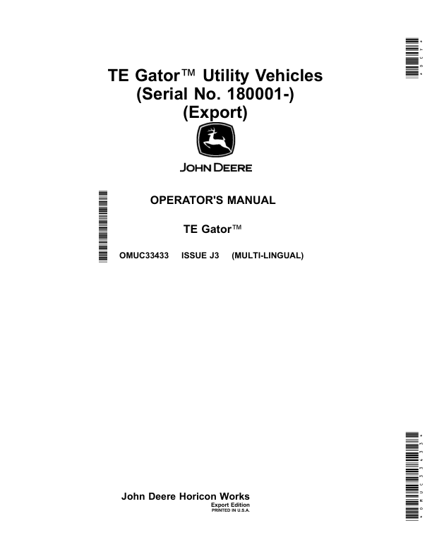 John Deere TE Gator Utility Vehicles TE4X2 (180001-) (Export) Operator's Manual (OMUC33433)