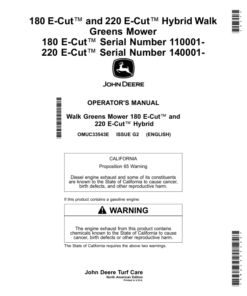 John Deere 180 E-Cut, 220 E-Cut Hybrid Walk Greens Mower 180 E-Cut (Serial Number 110001-), 220 E-Cut Serial Number (140001-) (North American) Operator's Manual (OMUC33543E)