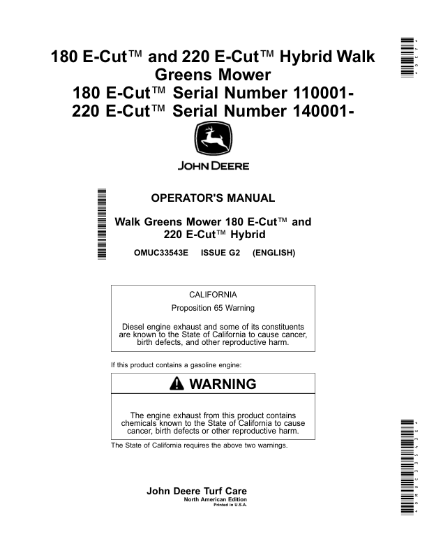 John Deere 180 E-Cut, 220 E-Cut Hybrid Walk Greens Mower 180 E-Cut (Serial Number 110001-), 220 E-Cut Serial Number (140001-) (North American) Operator's Manual (OMUC33543E)