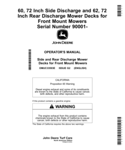 John Deere 60, 72 Inch Side Discharge, 62, 72 Inch Rear Discharge Mower Decks for Front Mount Mowers (Serial Number 090001-) (North American) Operator's Manual (OMUC33593e)