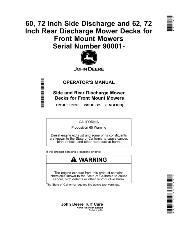 John Deere 60, 72 Inch Side Discharge, 62, 72 Inch Rear Discharge Mower Decks for Front Mount Mowers (Serial Number 090001-) (North American) Operator's Manual (OMUC33593e)