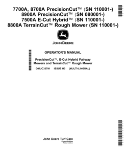 John Deere 7700A, 8700A PrecisionCut (110001-); 8900A PrecisionCut (080001-); 7500A E-Cut Hybrid (110001-); 8800A TerrainCut Rough Mower (110001-) (Export Edition) Operator's Manual (OMUC33791)