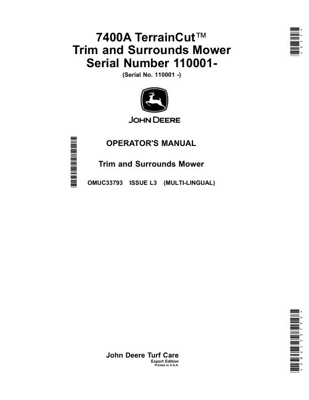John Deere 7400A TerrainCut Trim, Surrounds Mower (110001-) (Export) Operator's Manual (OMUC33793)