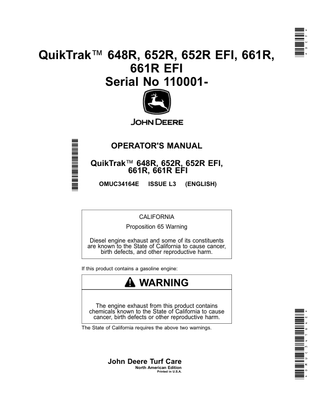 John Deere QuikTrak 648R, 652R, 652R EFI, 661R, 661R EFI Serial No 110001- Operator's Manual (OMUC34164E)